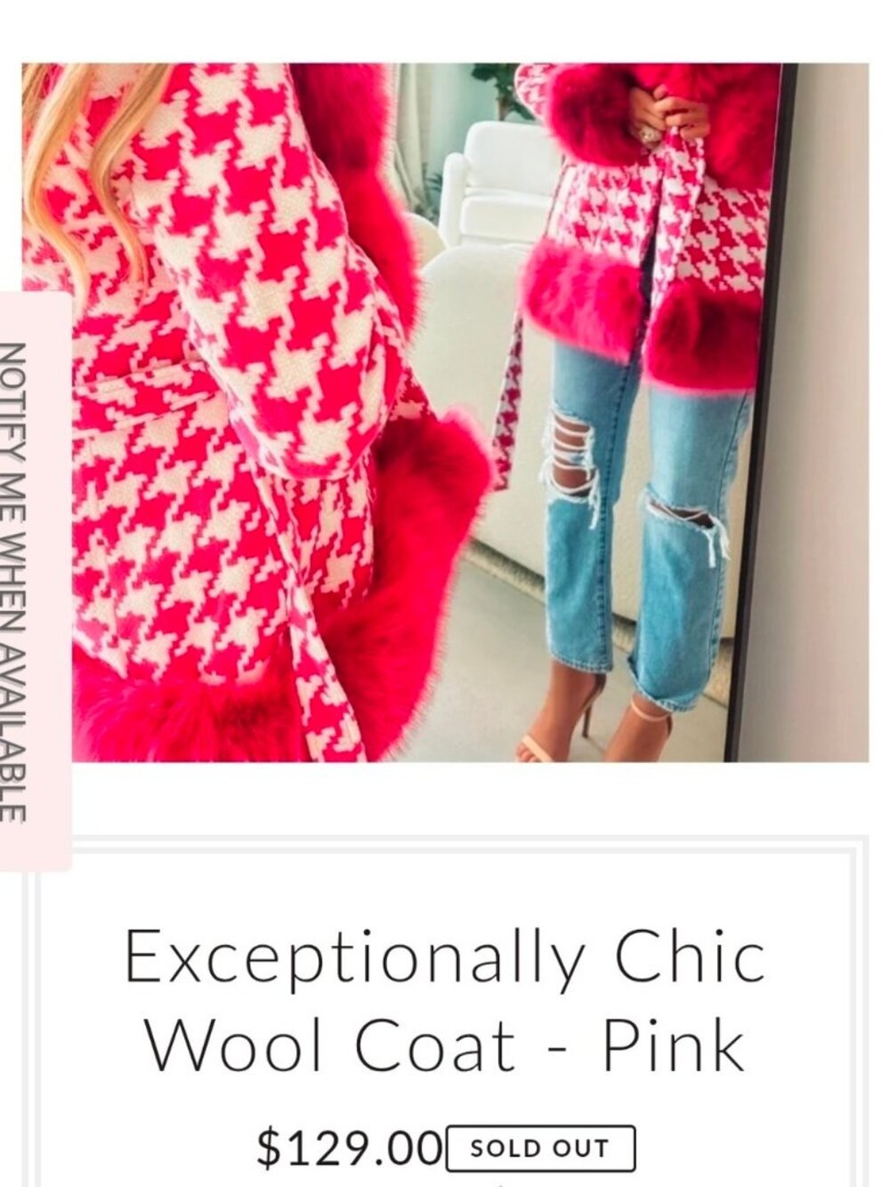 Pink Houndstooth Wool Coat with Faux Fur Trim